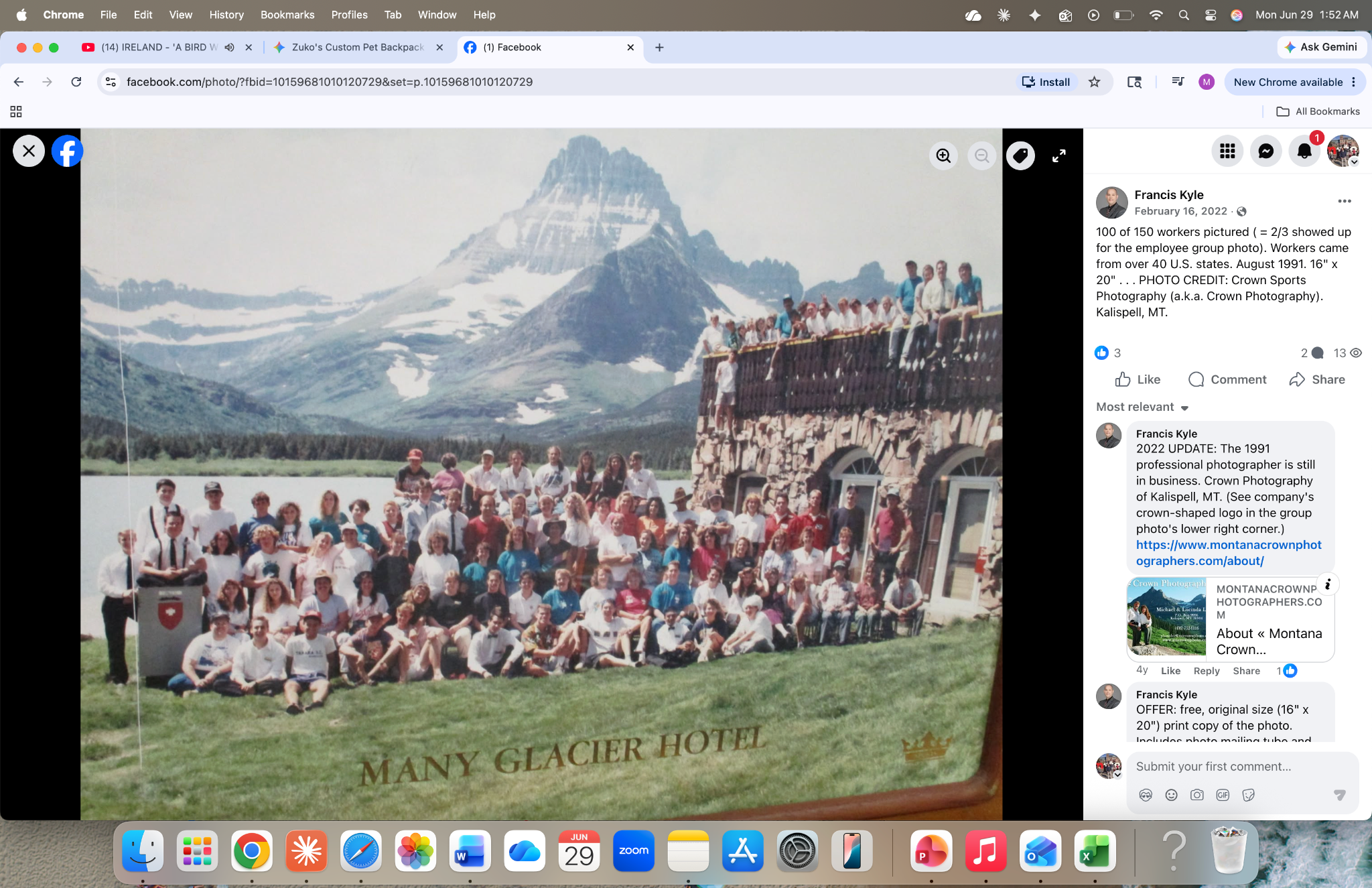 The Many Glacier Hotel summer staff gathered beside the hotel in 1991.